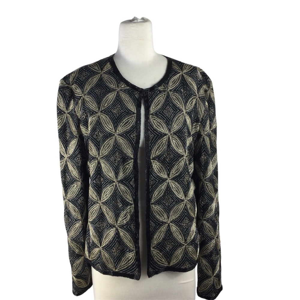 Papell Boutique Evening Women's Black & Cream Beaded Blazer, Size Large